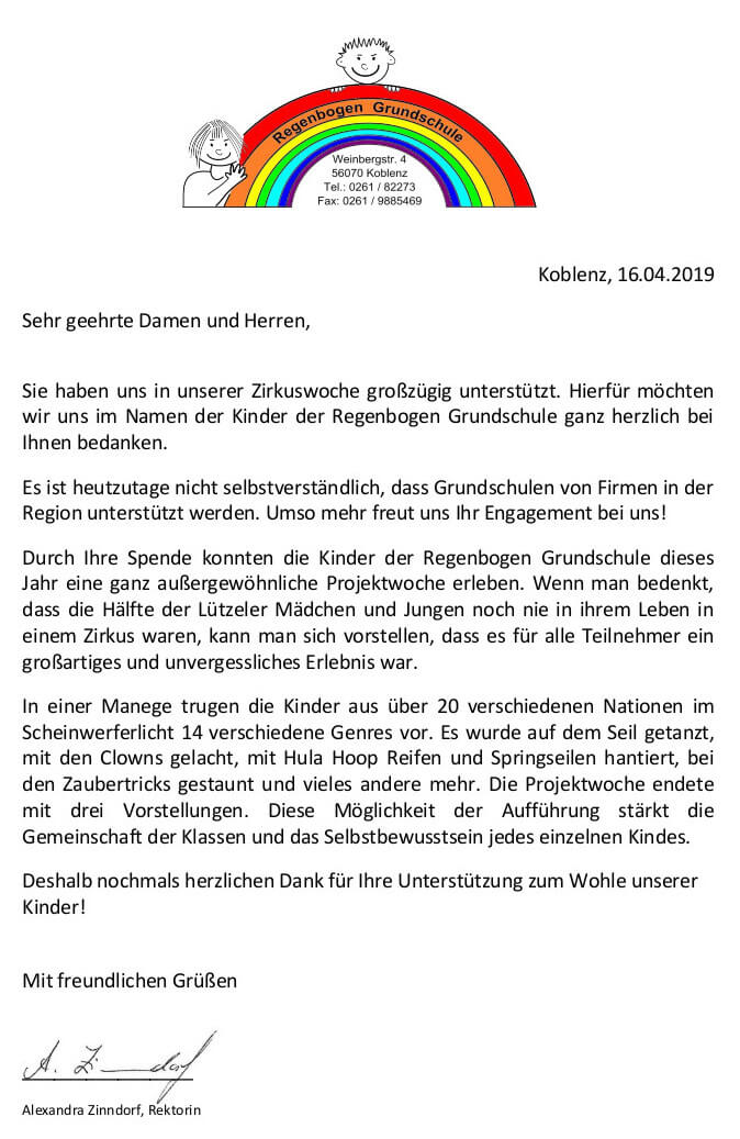 Dankesbrief Regenbogen Grundschule Zirkus Sparkasse Koblenz