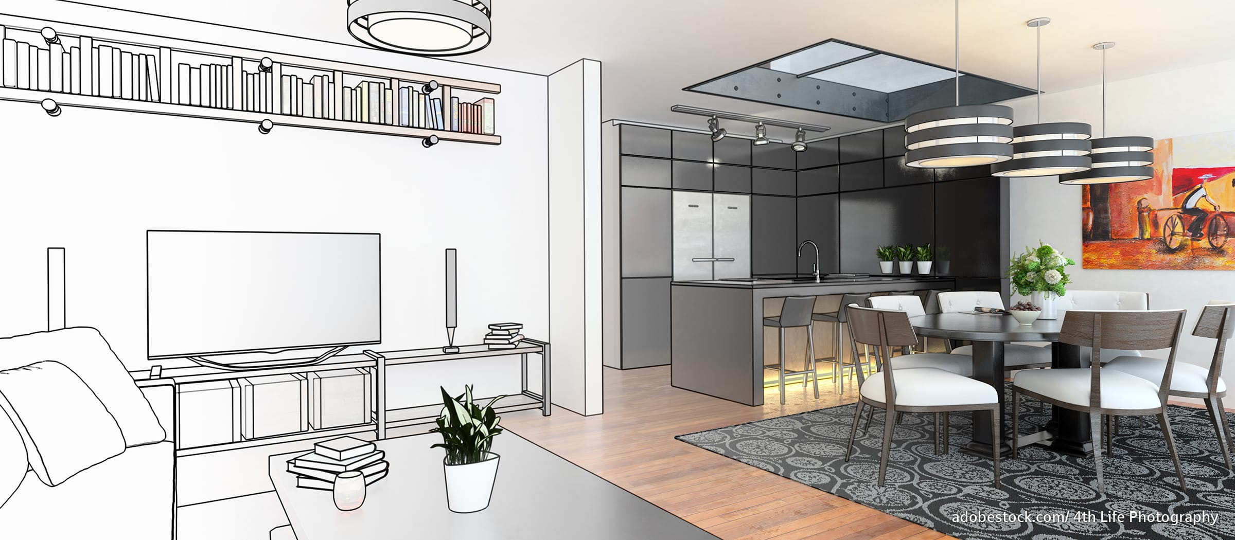 Hausbau: Visualisierung Wohn- und Küchenbereich